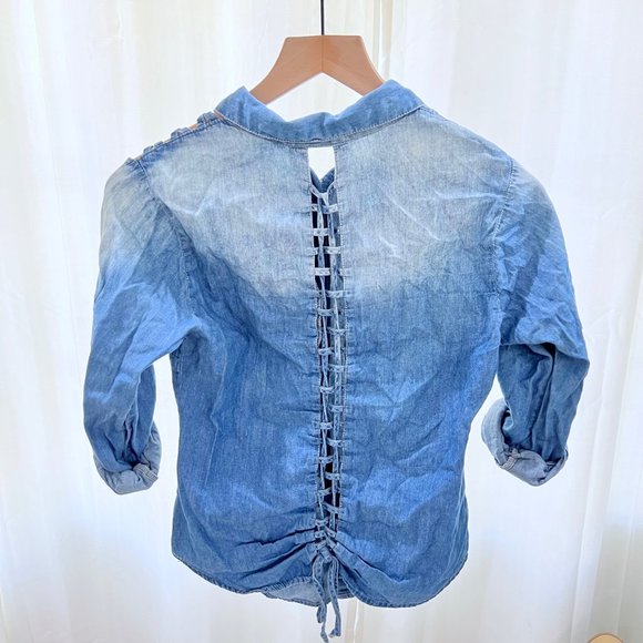 Foreign Exchange Fringe Lace Up Back Sleeve Adjust Loop Denim Shirt - Picture 2 of 7